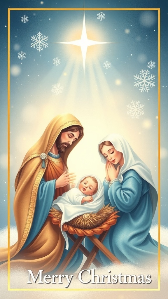 A religious Christmas card depicting the nativity scene with Mary, Joseph, and baby Jesus under a shining star.